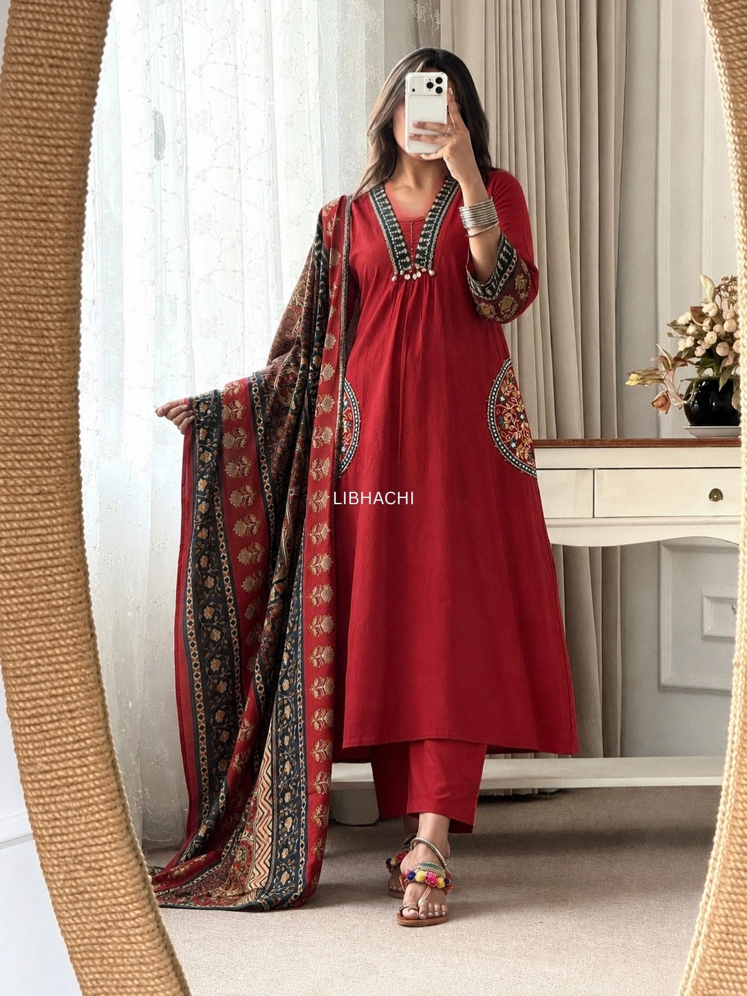 Crimson Bloom Embroidery Pocket Suit Set
