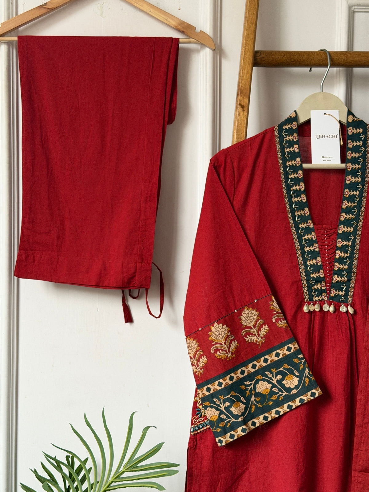 Crimson Bloom Embroidery Pocket Suit Set