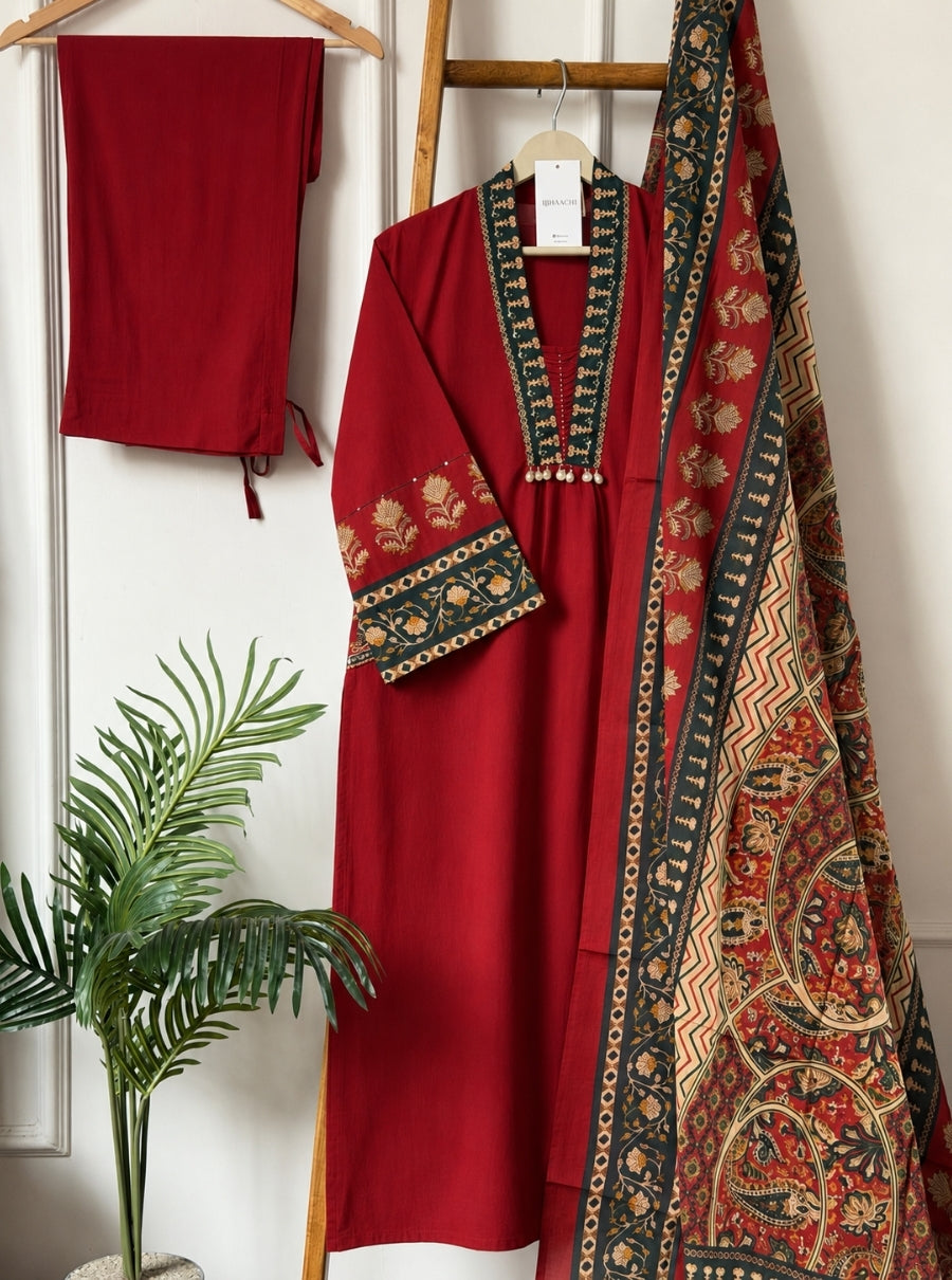Crimson Bloom Embroidery Pocket Suit Set