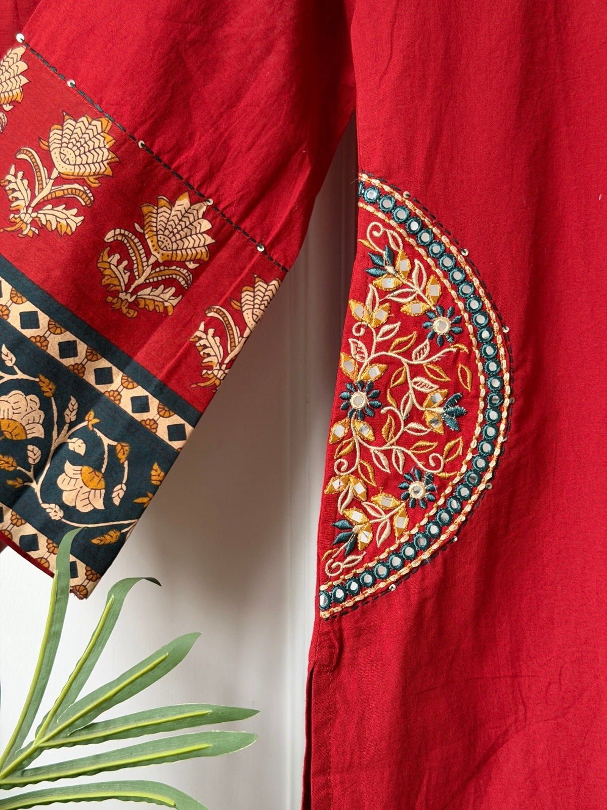 Crimson Bloom Embroidery Pocket Suit Set