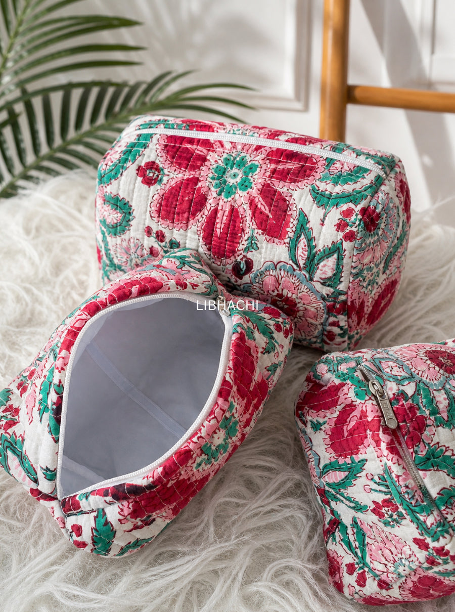 Floral Block Print Quilted Toiletry Bag (set of 3)