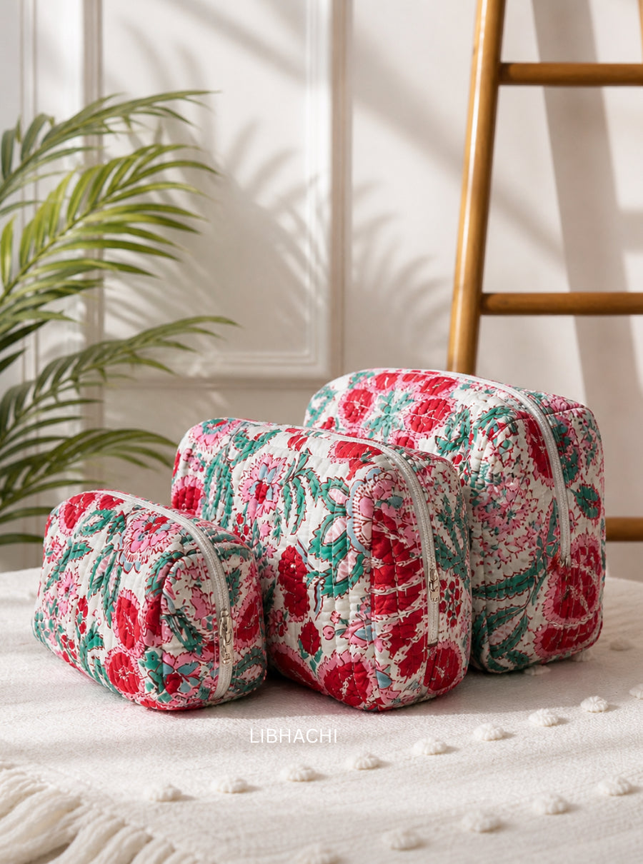 Floral Block Print Quilted Toiletry Bag (set of 3)