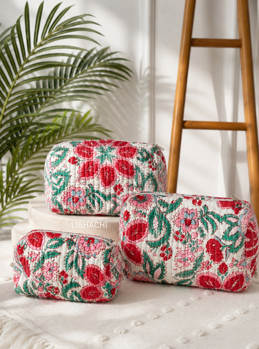 Floral Block Print Quilted Toiletry Bag (set of 3)
