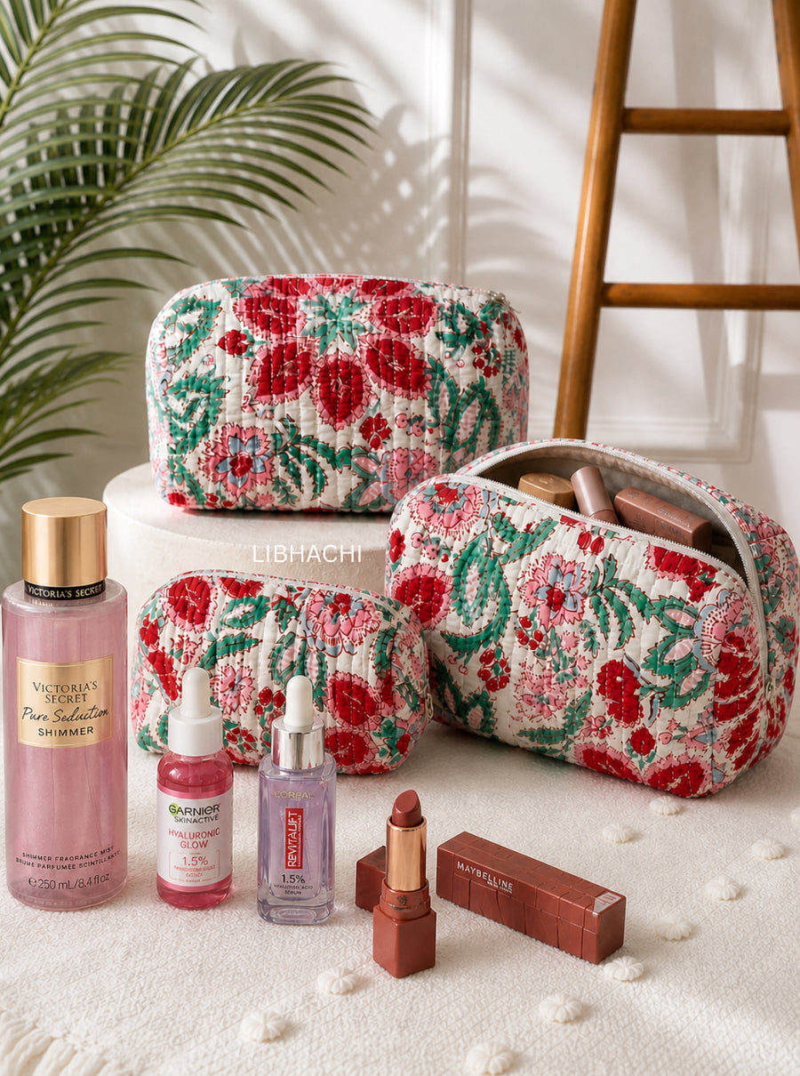 Floral Block Print Quilted Toiletry Bag (set of 3)