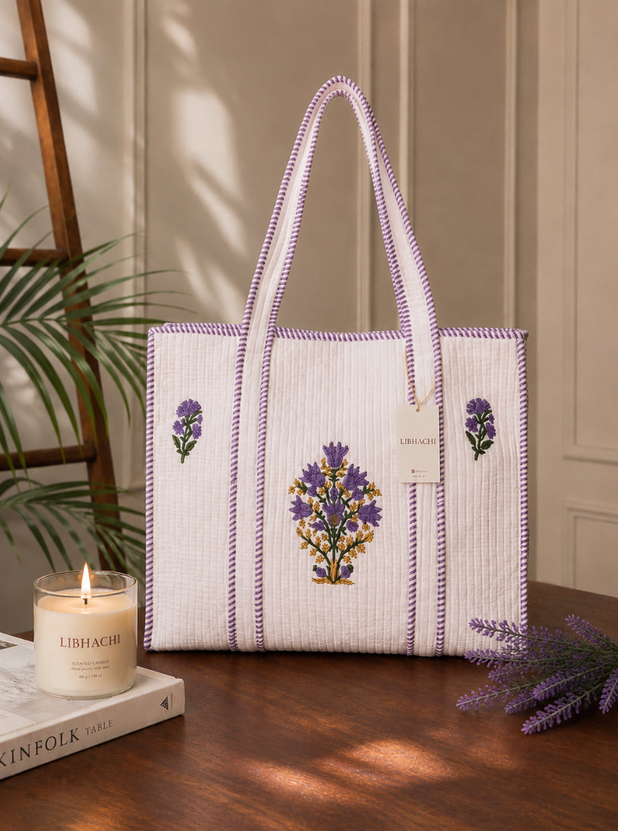 Lavender Boota Hand Block Quilted Tote Bag