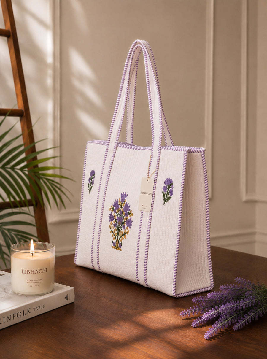 Lavender Boota Hand Block Quilted Tote Bag