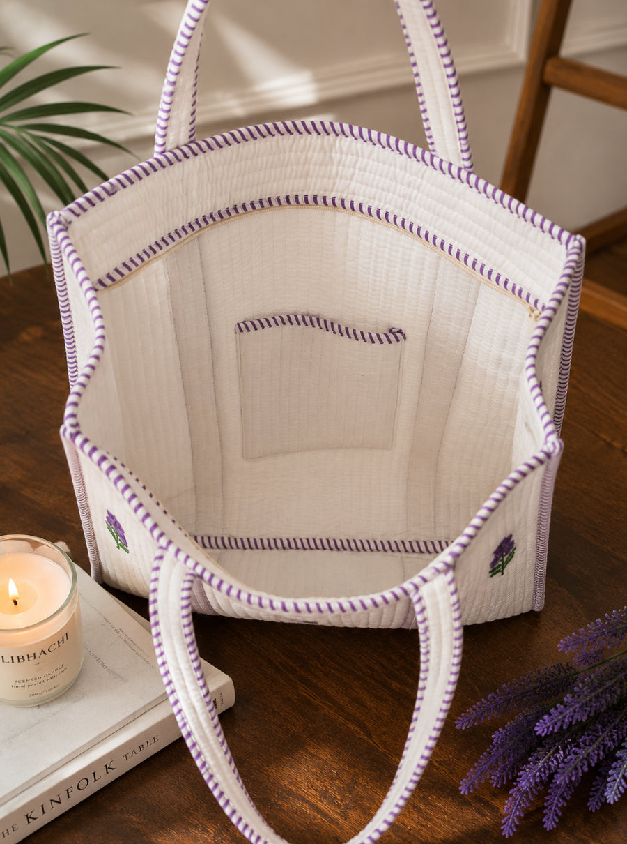 Lavender Boota Hand Block Quilted Tote Bag