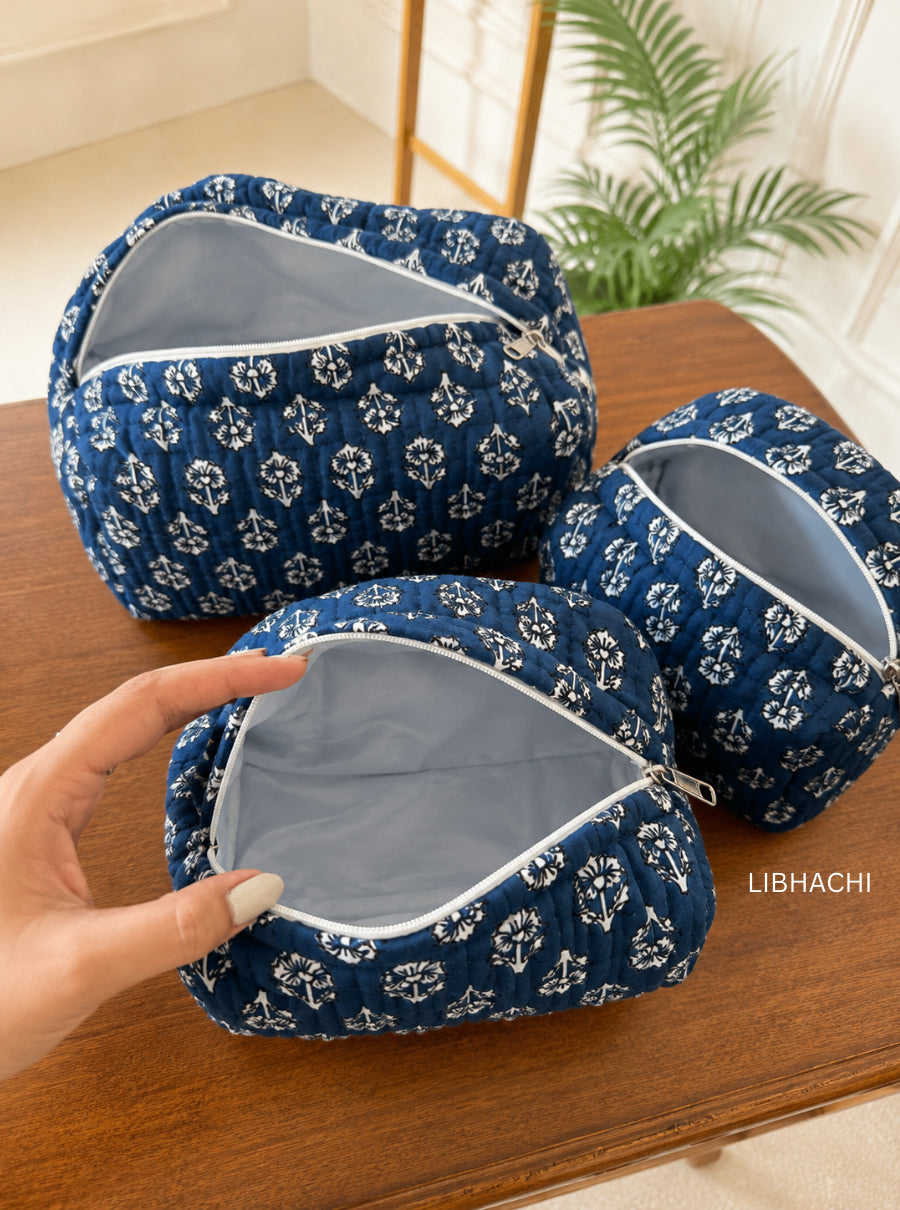 Indigo Handblock Toiletry Pouch Set