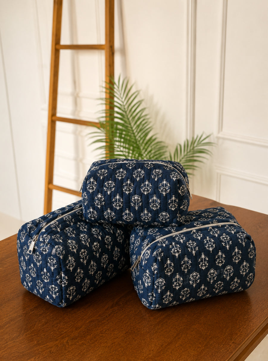 Indigo Handblock Toiletry Pouch Set