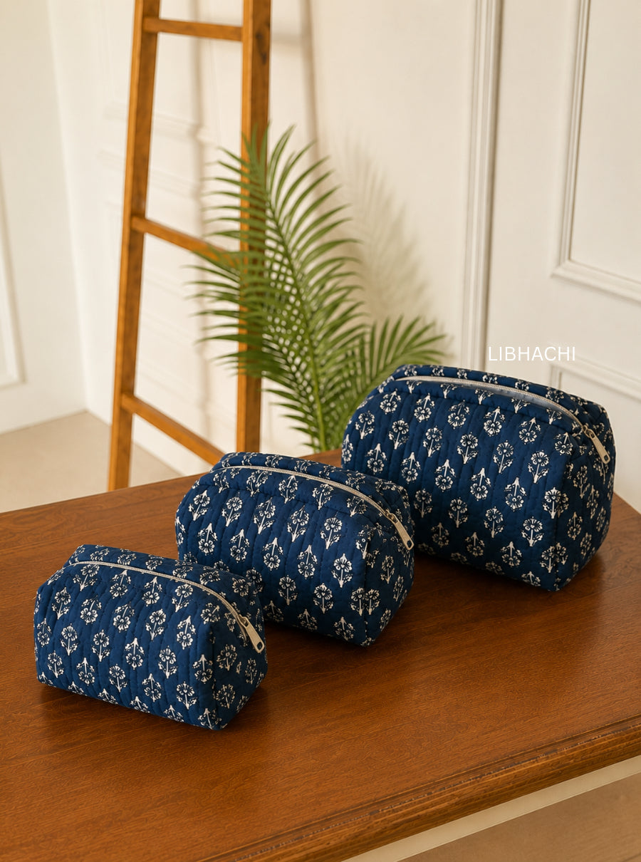 Indigo Handblock Toiletry Pouch Set