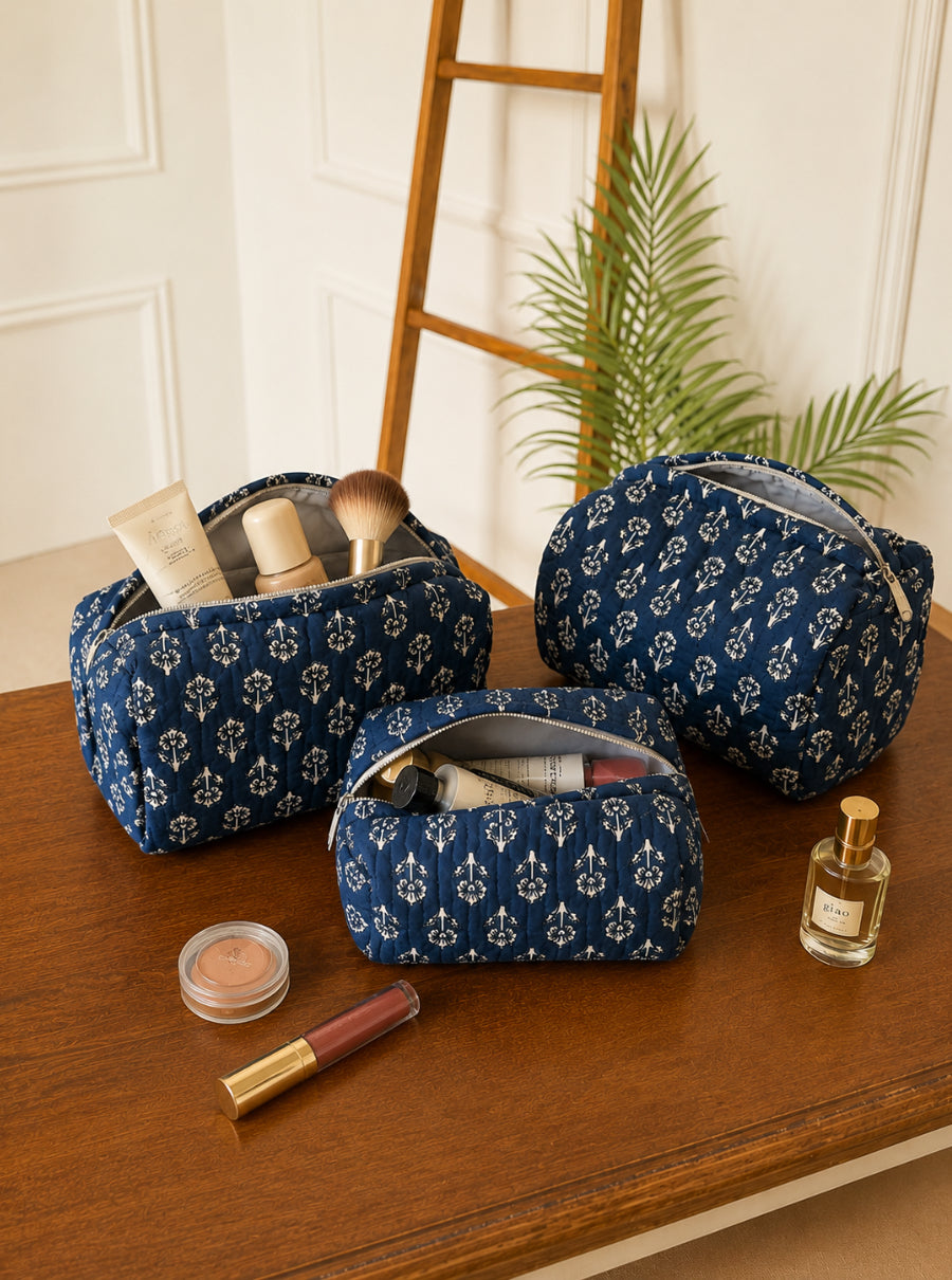 Indigo Handblock Toiletry Pouch Set
