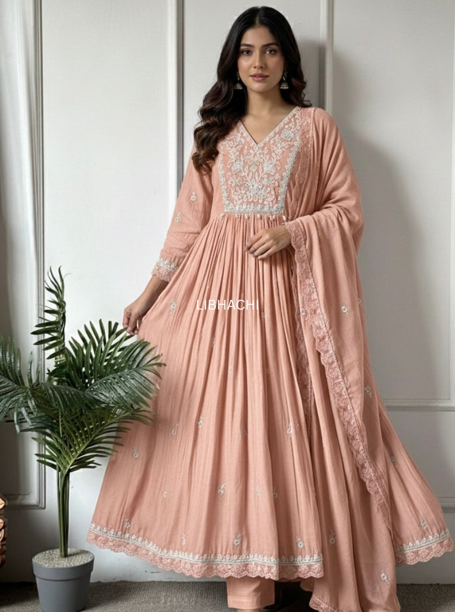 Lavender Peach Aura – Pure Mulchanderi Suit Set