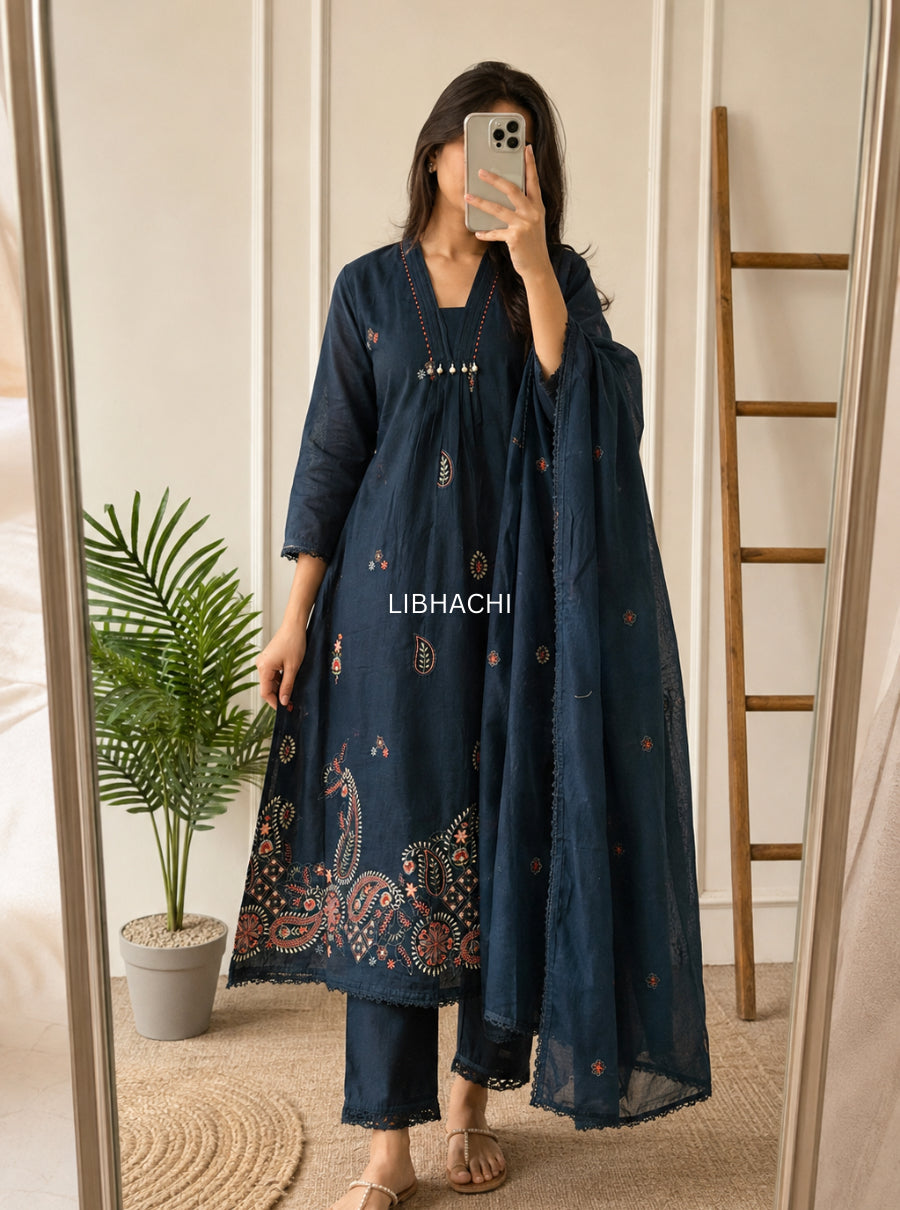 Raat Ki Mehfil — Embroidered Mulmul A-Line Suit Set