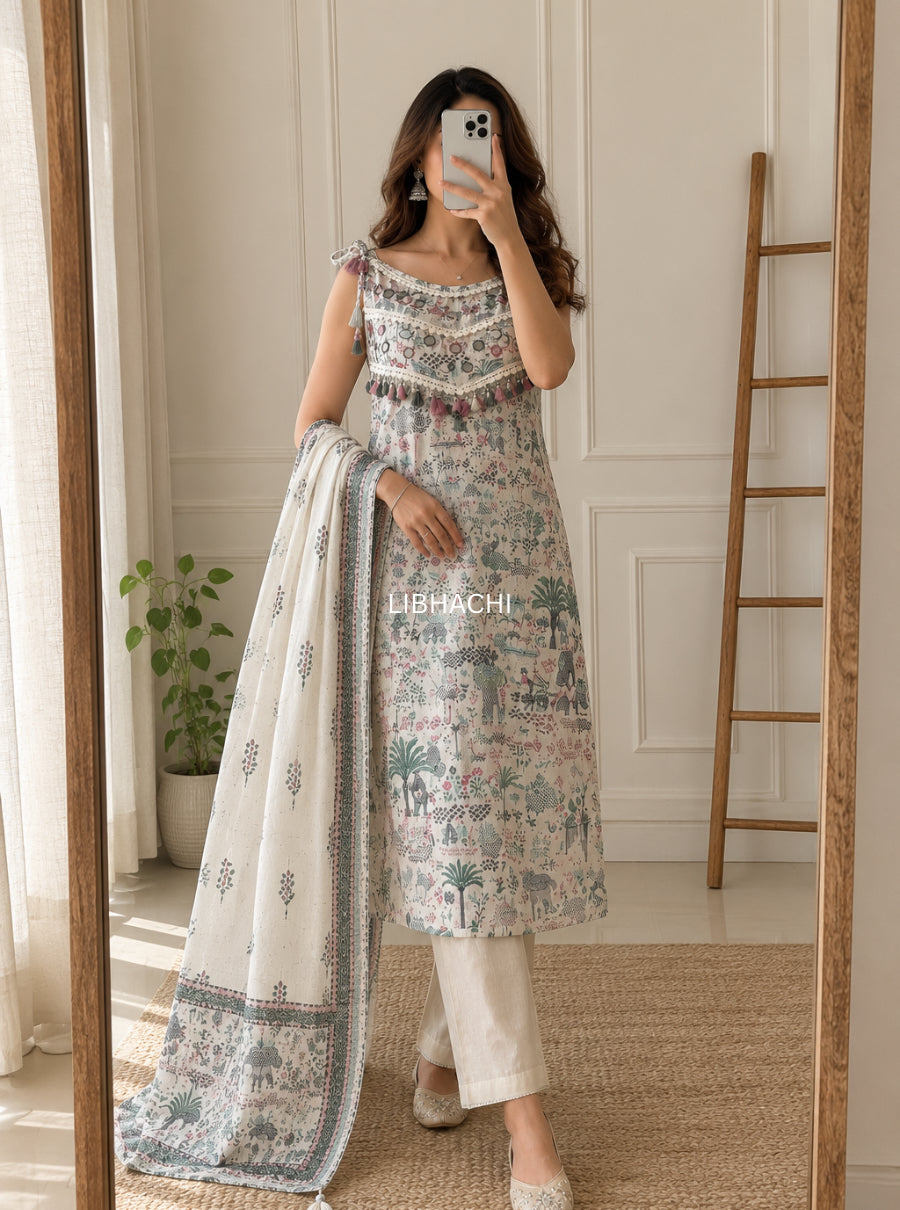 Sheesh Baagh Mirror Tassel Linen Suit Set