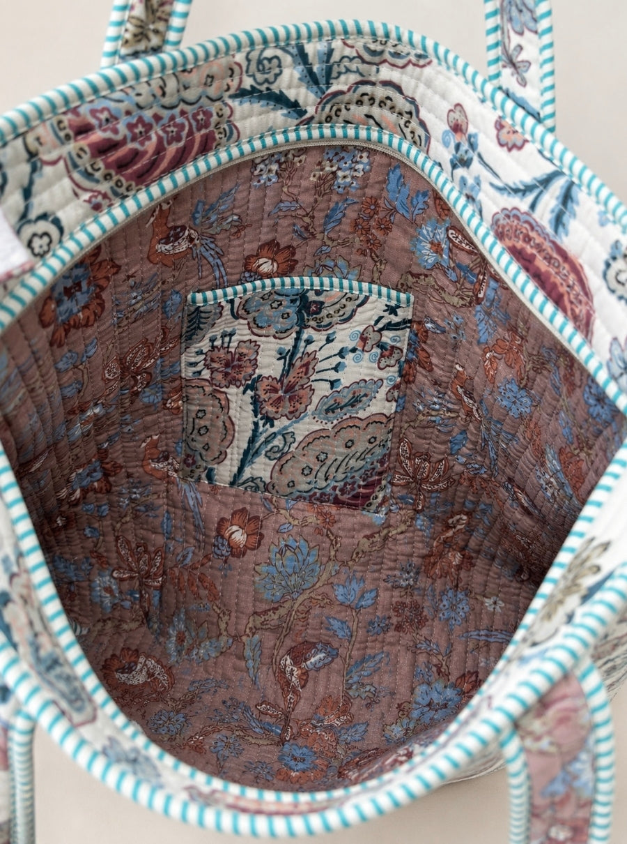 Flamingo Bloom Handblock Quilted Tote Bag