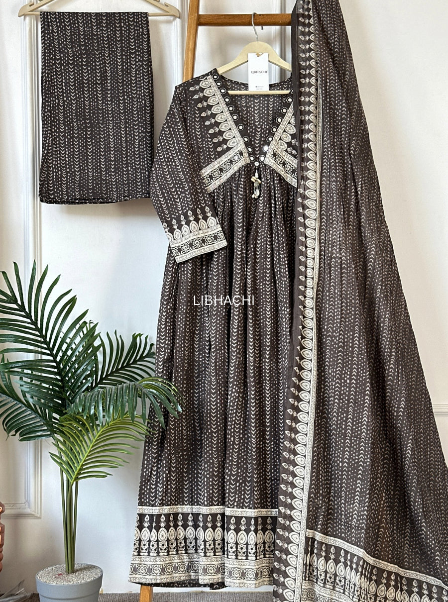 Evara mirror brown anarkali suit set