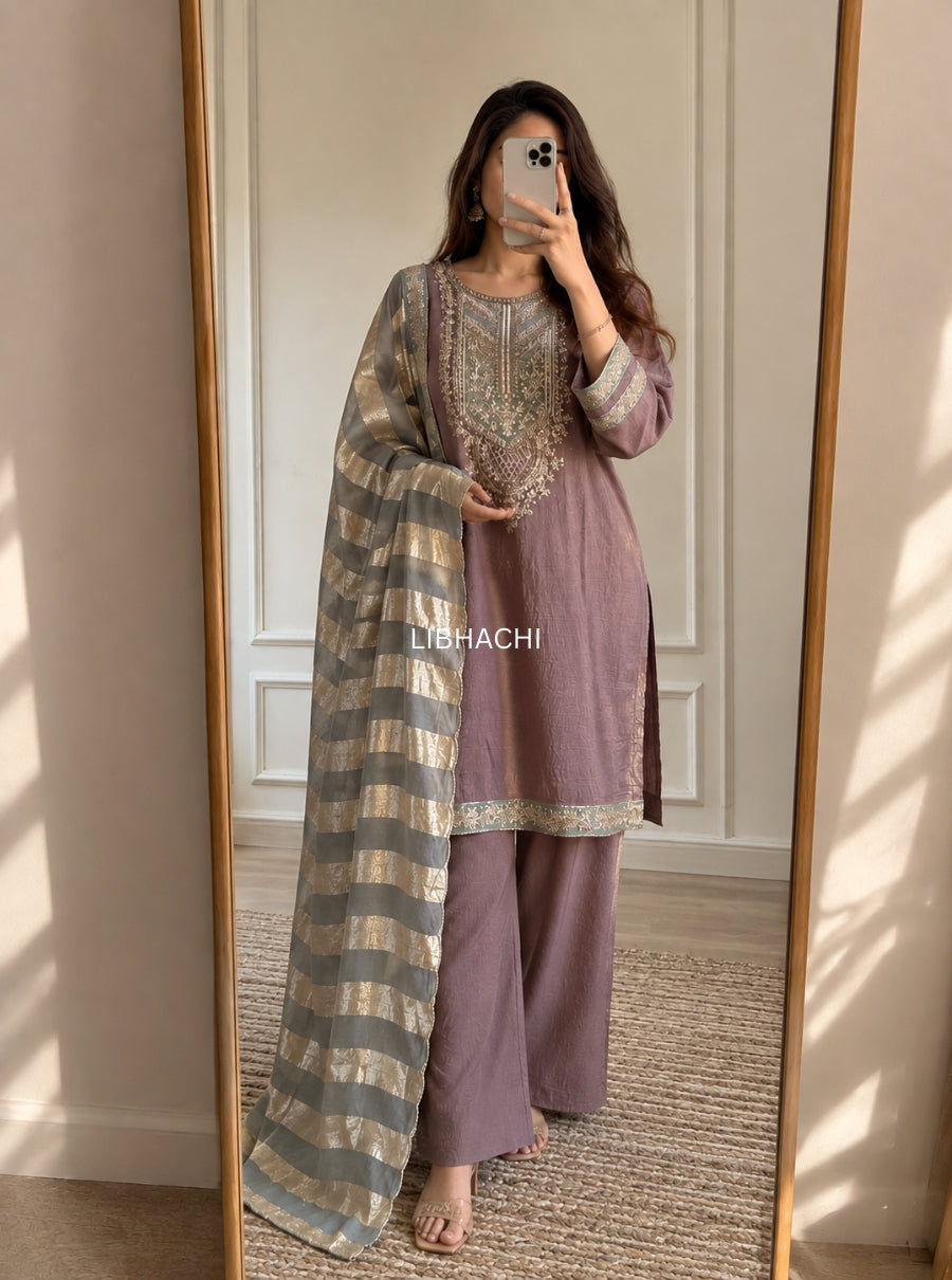 Kanchan Kundan Tissue Silk Embroidered Suit Set