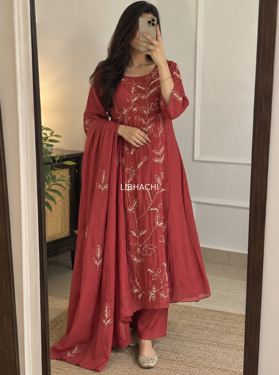 ROSELLE — Deep Rose French-Knot Mulchanderi Suit Set
