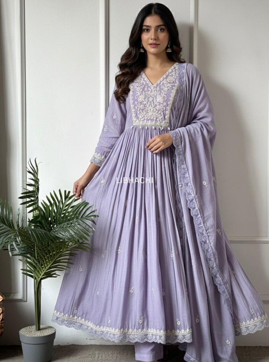 Lavender Peach Aura – Pure Mulchanderi Suit Set