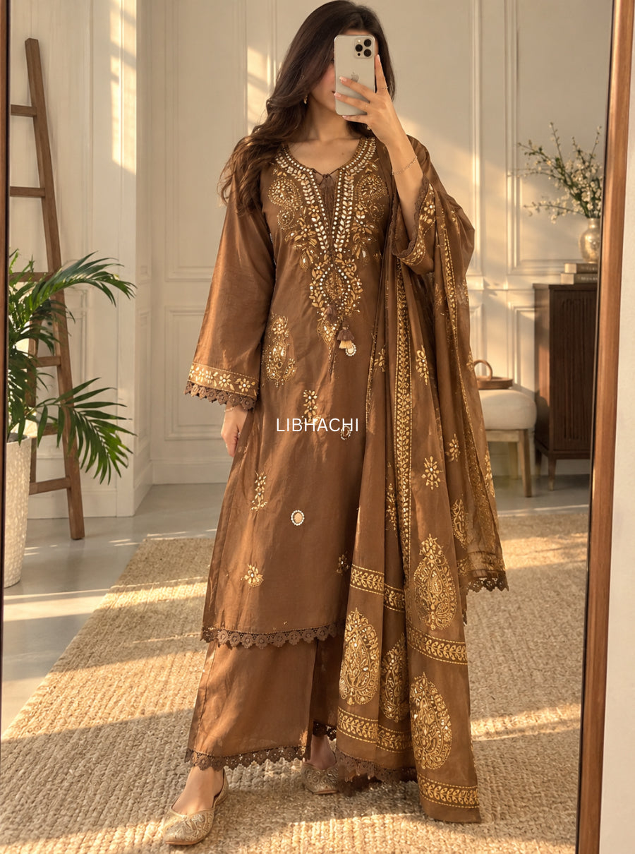 Noor-e-Brown – Chocolate Brown Embroidered Cotton Suit Set