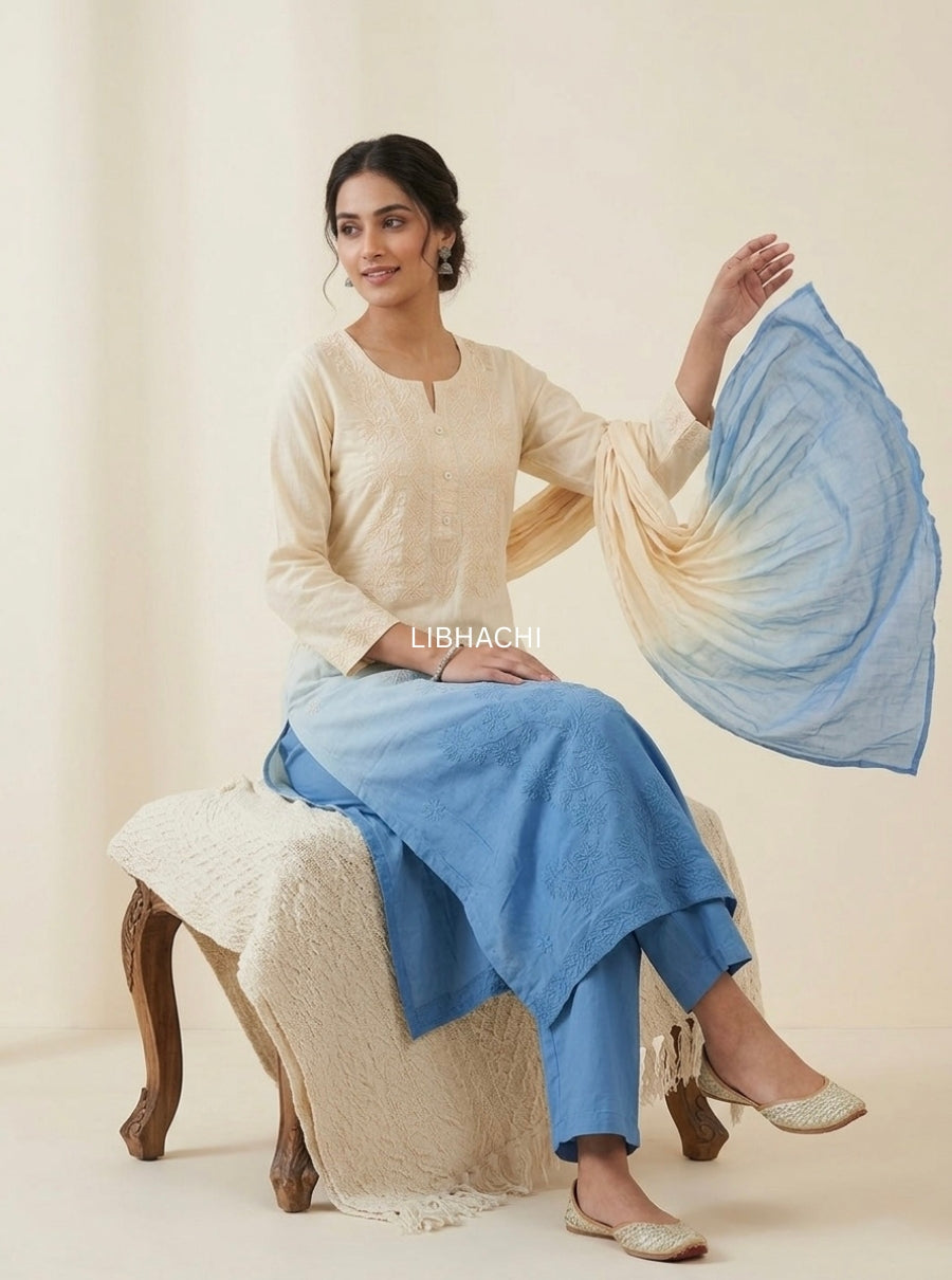 Ombre Chikankari Suit Set with Tie-Dye Dupatta