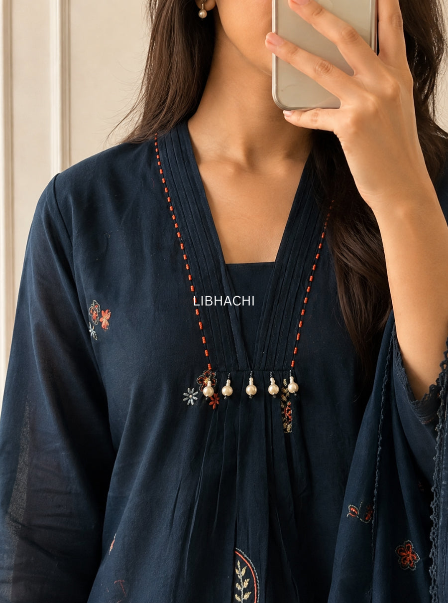 Raat Ki Mehfil — Embroidered Mulmul A-Line Suit Set