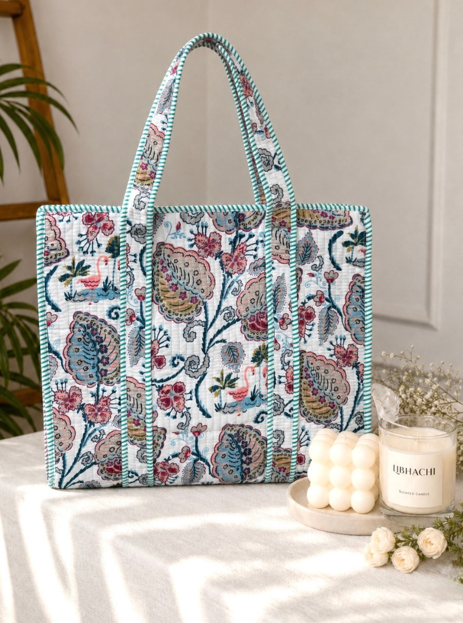 Flamingo Bloom Handblock Quilted Tote Bag