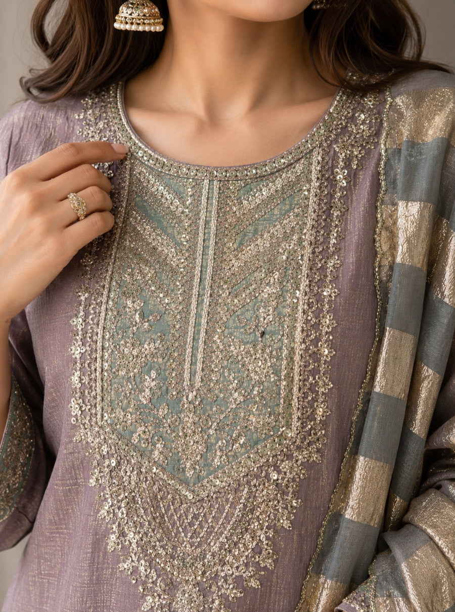 Kanchan Kundan Tissue Silk Embroidered Suit Set