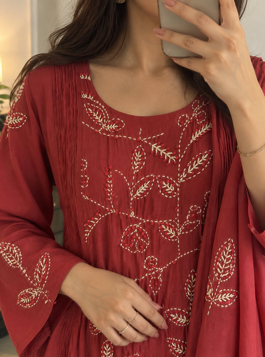 ROSELLE — Deep Rose French-Knot Mulchanderi Suit Set