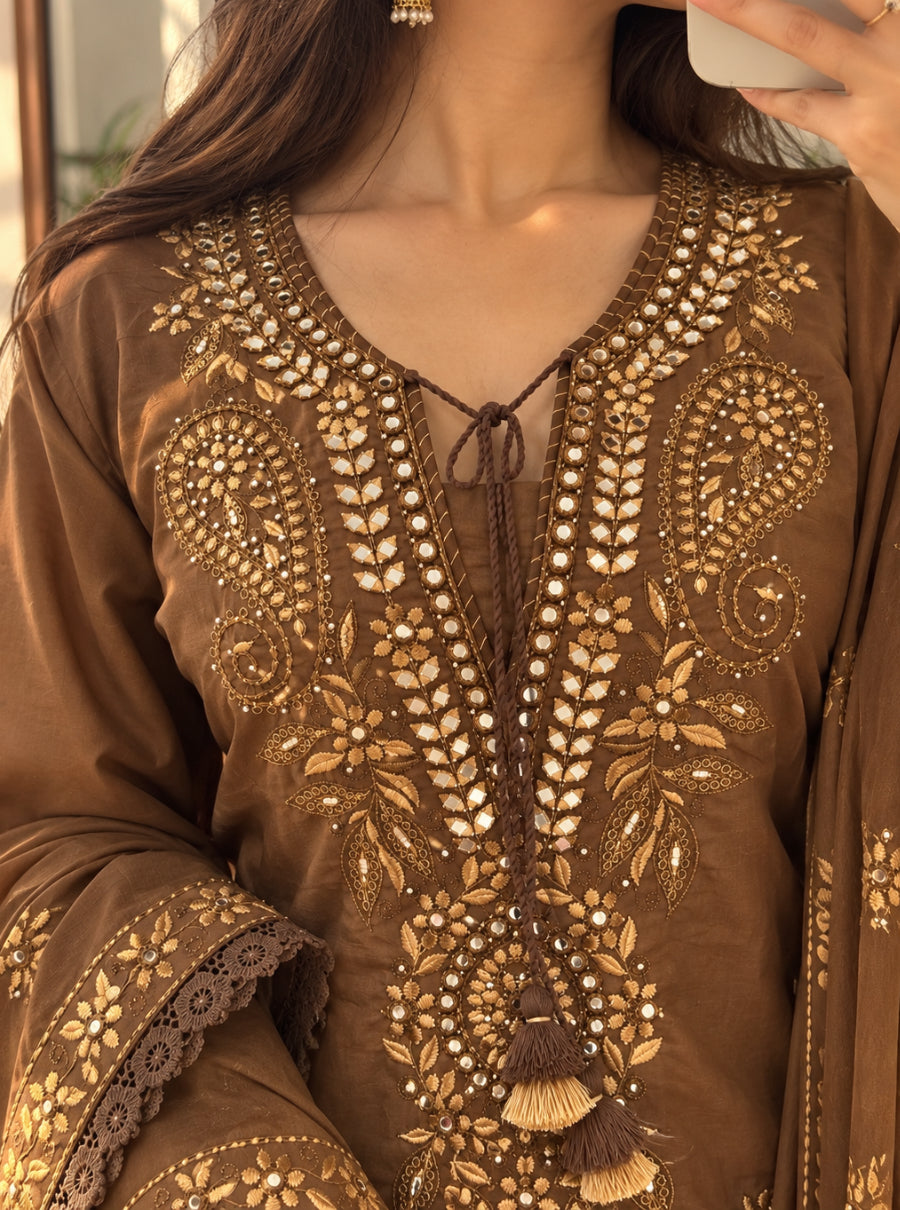 Noor-e-Brown – Chocolate Brown Embroidered Cotton Suit Set