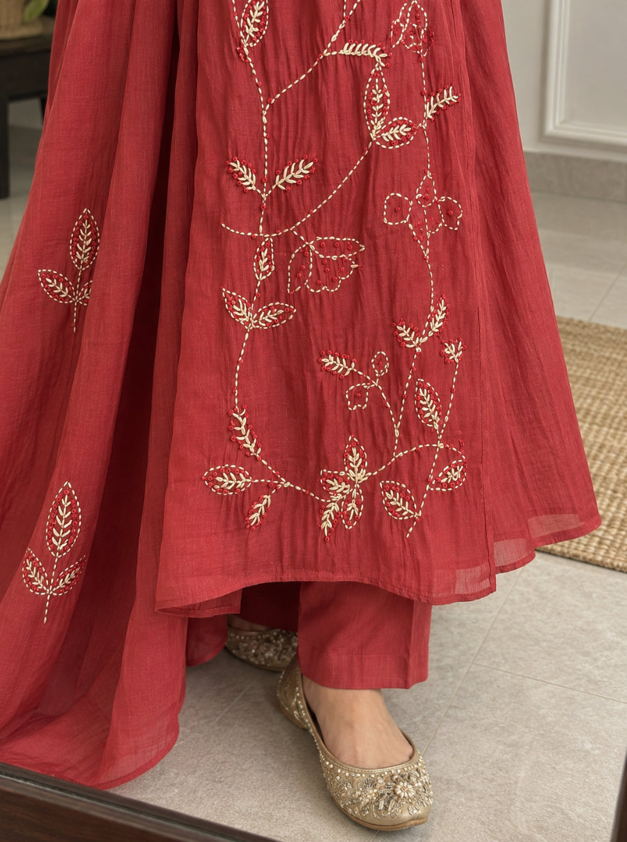 ROSELLE — Deep Rose French-Knot Mulchanderi Suit Set