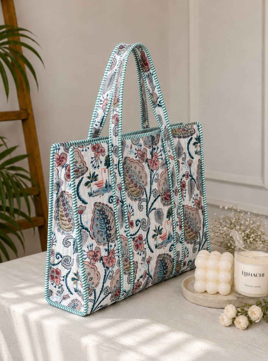 Flamingo Bloom Handblock Quilted Tote Bag