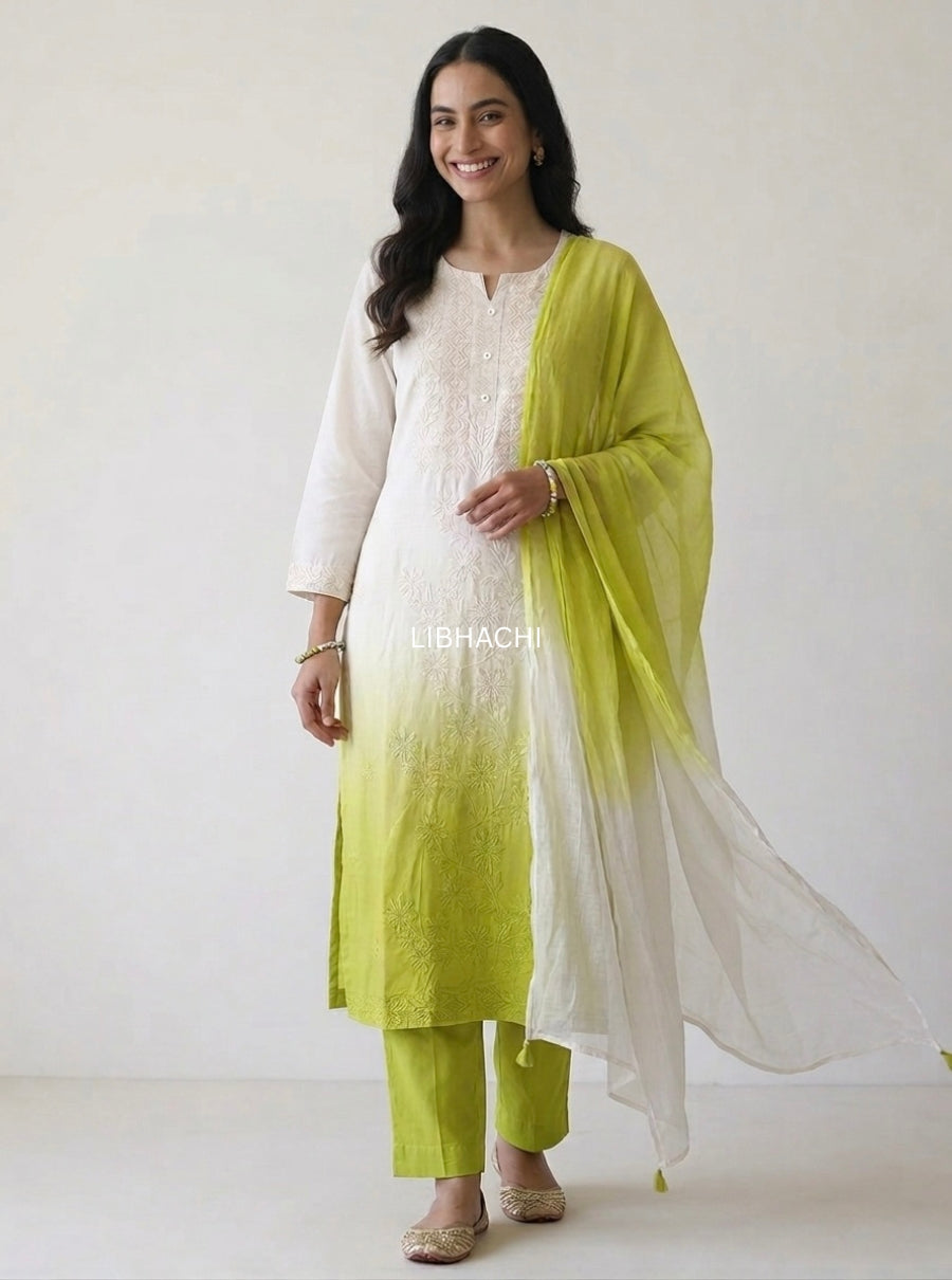Ombre Chikankari Suit Set with Tie-Dye Dupatta