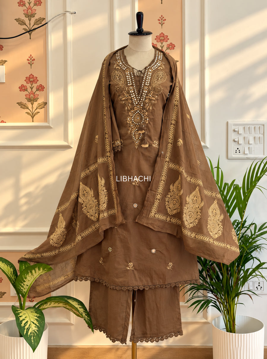 Noor-e-Brown – Chocolate Brown Embroidered Cotton Suit Set