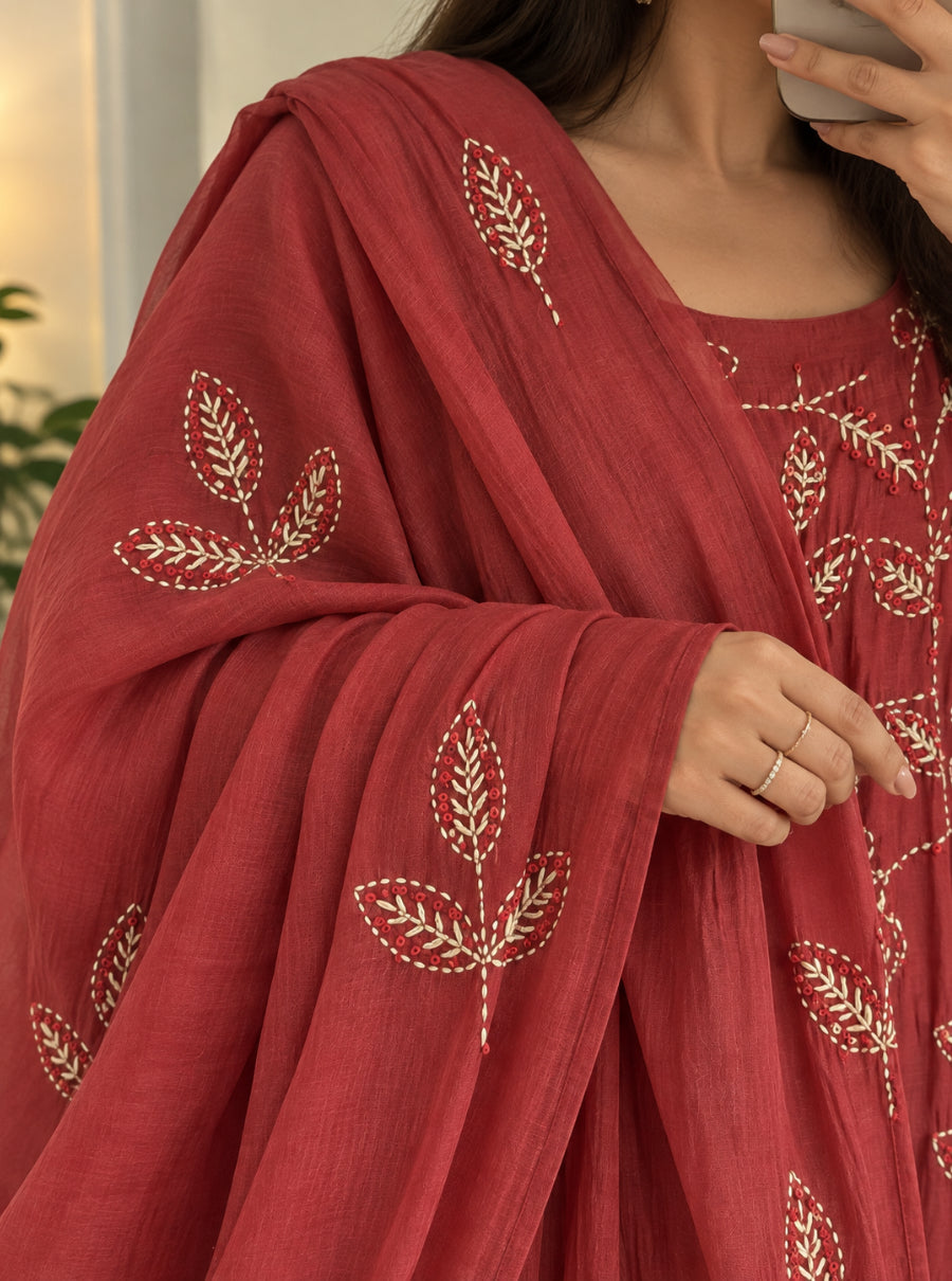 ROSELLE — Deep Rose French-Knot Mulchanderi Suit Set