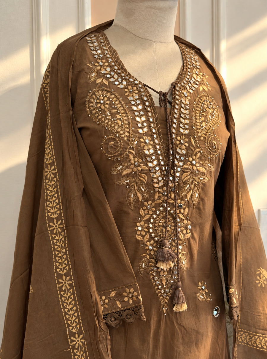 Noor-e-Brown – Chocolate Brown Embroidered Cotton Suit Set