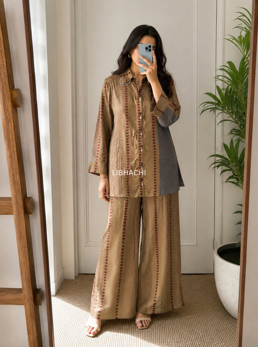 Beige Bloom Crepe co ord set