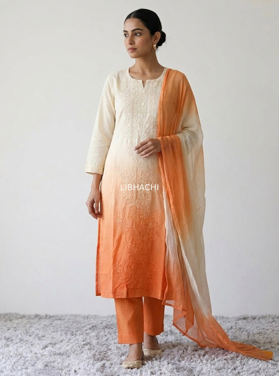 Ombre Chikankari Suit Set with Tie-Dye Dupatta
