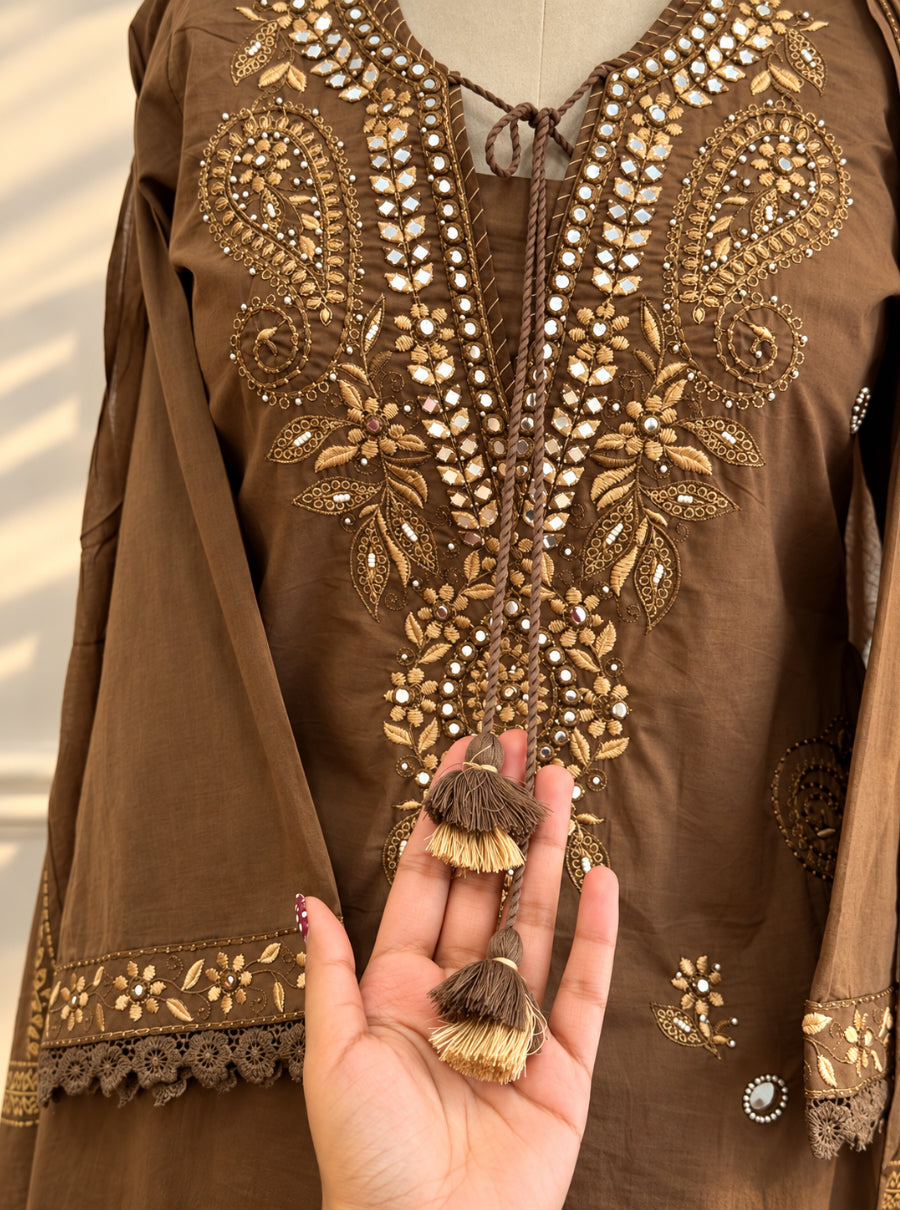 Noor-e-Brown – Chocolate Brown Embroidered Cotton Suit Set