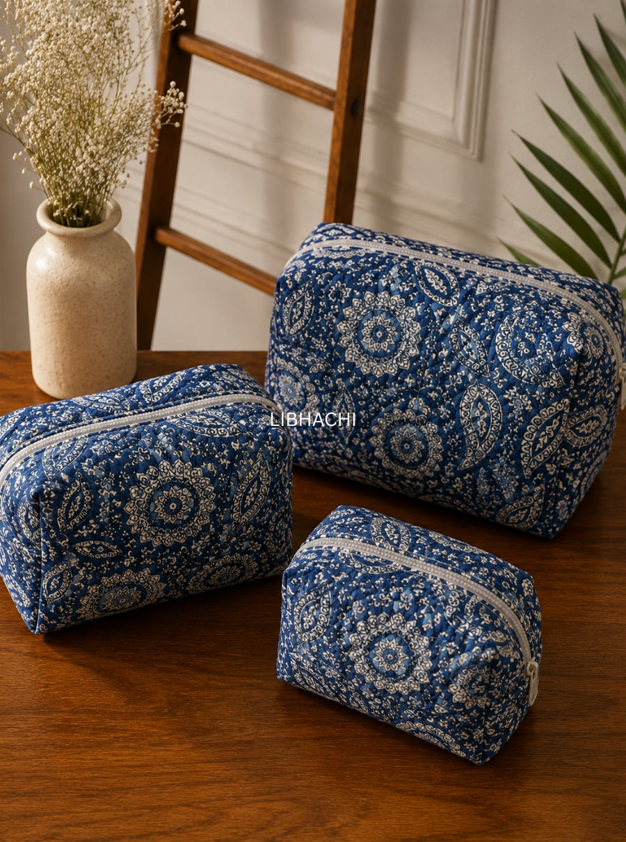 Indigo Kalamkari Hand Block Quilted Toiletry Pouch