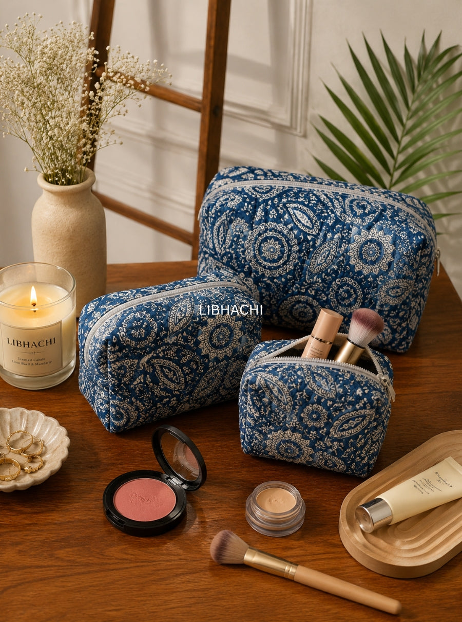 Indigo Kalamkari Hand Block Quilted Toiletry Pouch