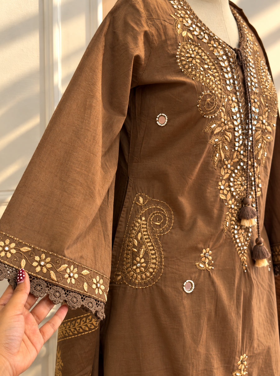 Noor-e-Brown – Chocolate Brown Embroidered Cotton Suit Set