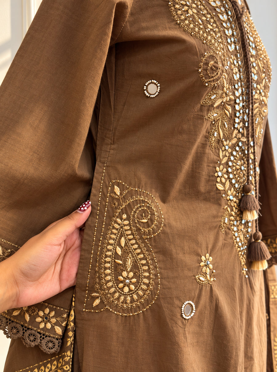 Noor-e-Brown – Chocolate Brown Embroidered Cotton Suit Set