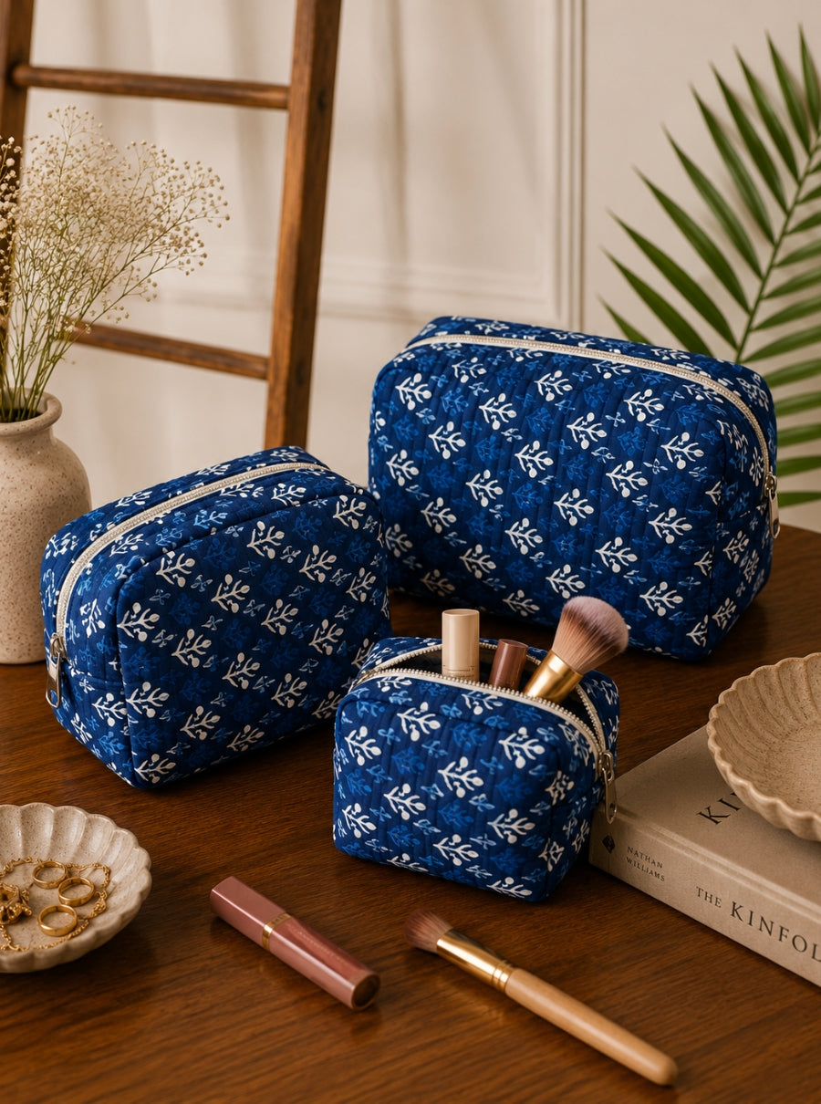 Midnight Bloom Hand Block Toiletry Pouch