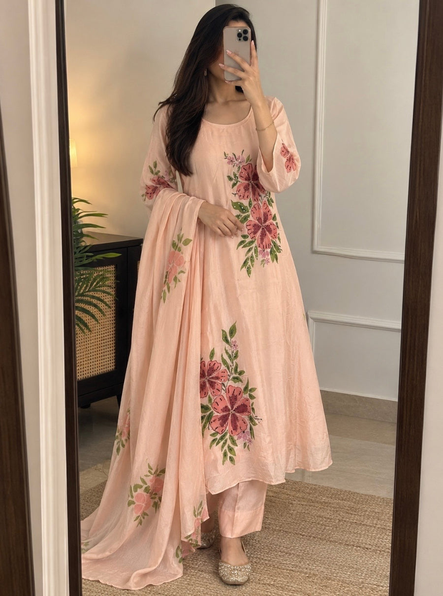 Petal Élan – Peach Floral Chiffon Suit Set