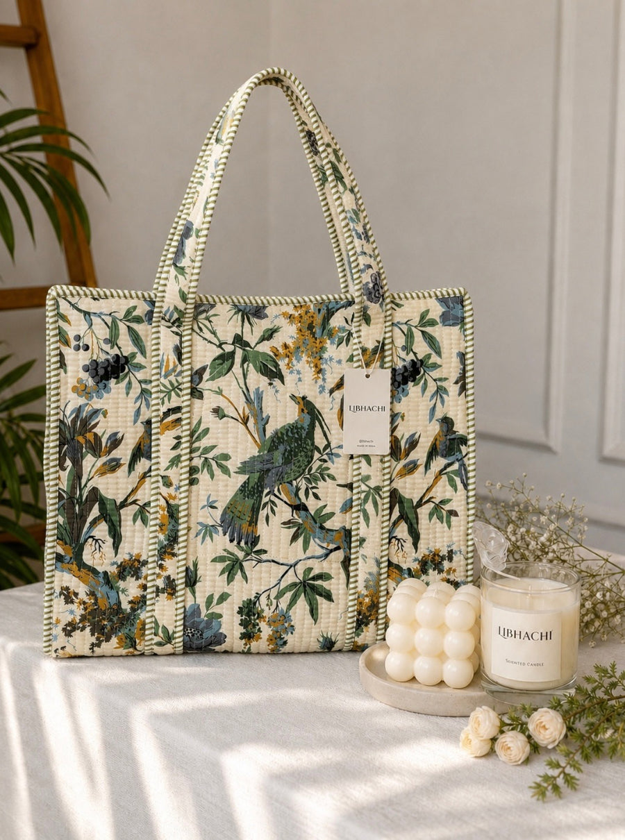 Birdsong Garden Handblock Quilted Tote Bag