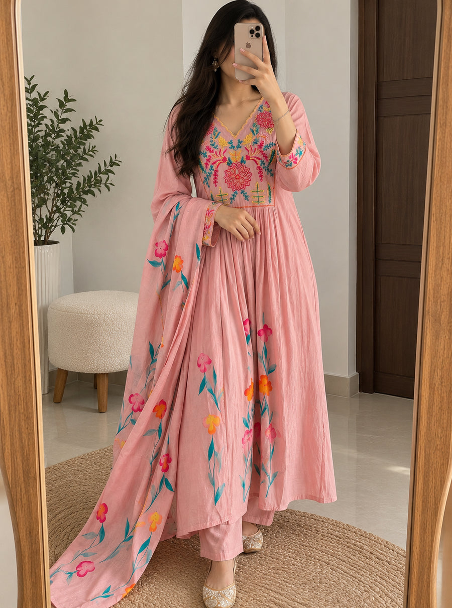 Sunehri Pista & Gulab Blush — Hand Embroidered Mulchanderi Suit Set
