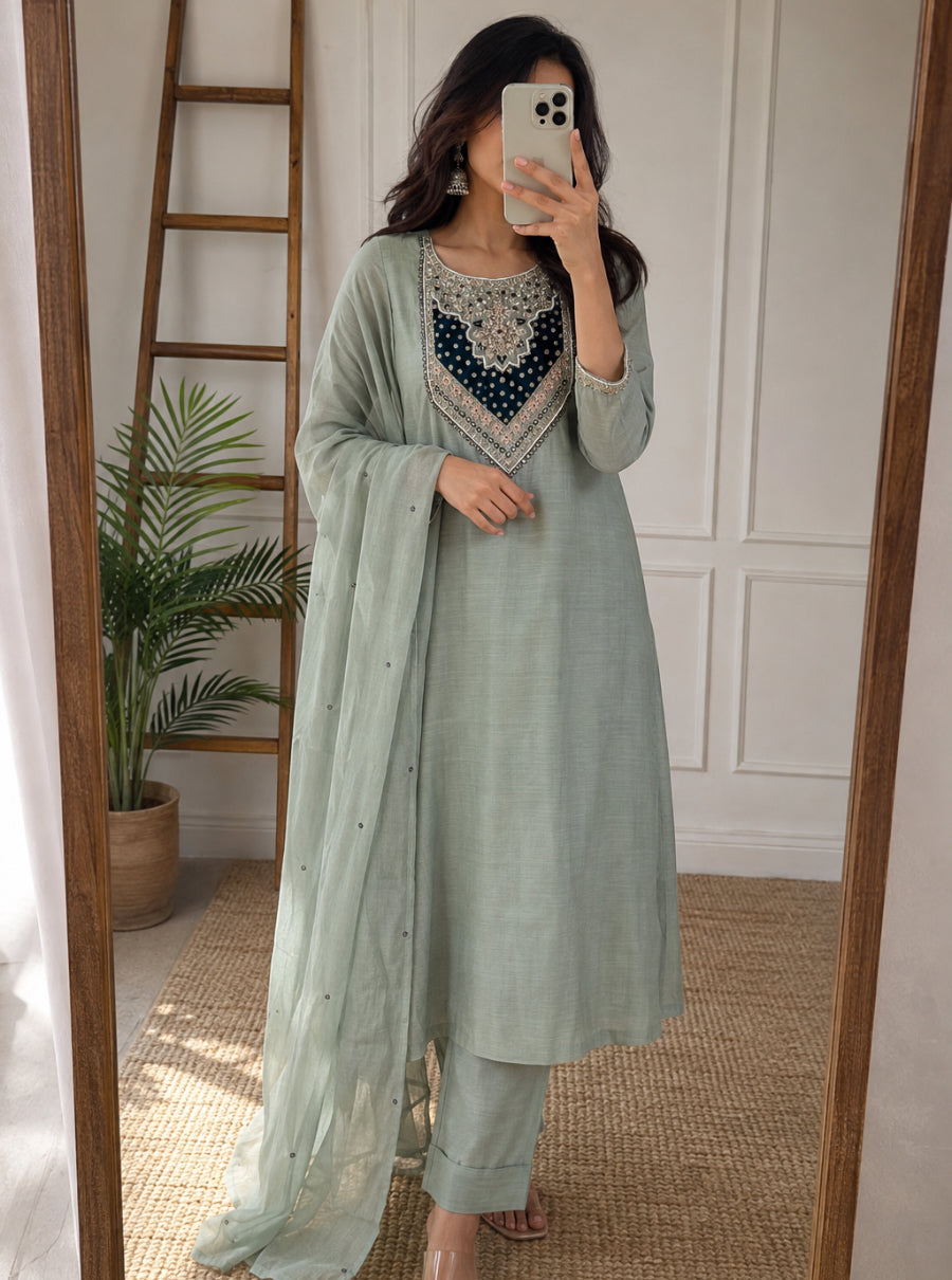 Morpankhi Mul Chanderi A-Line Suit SeT