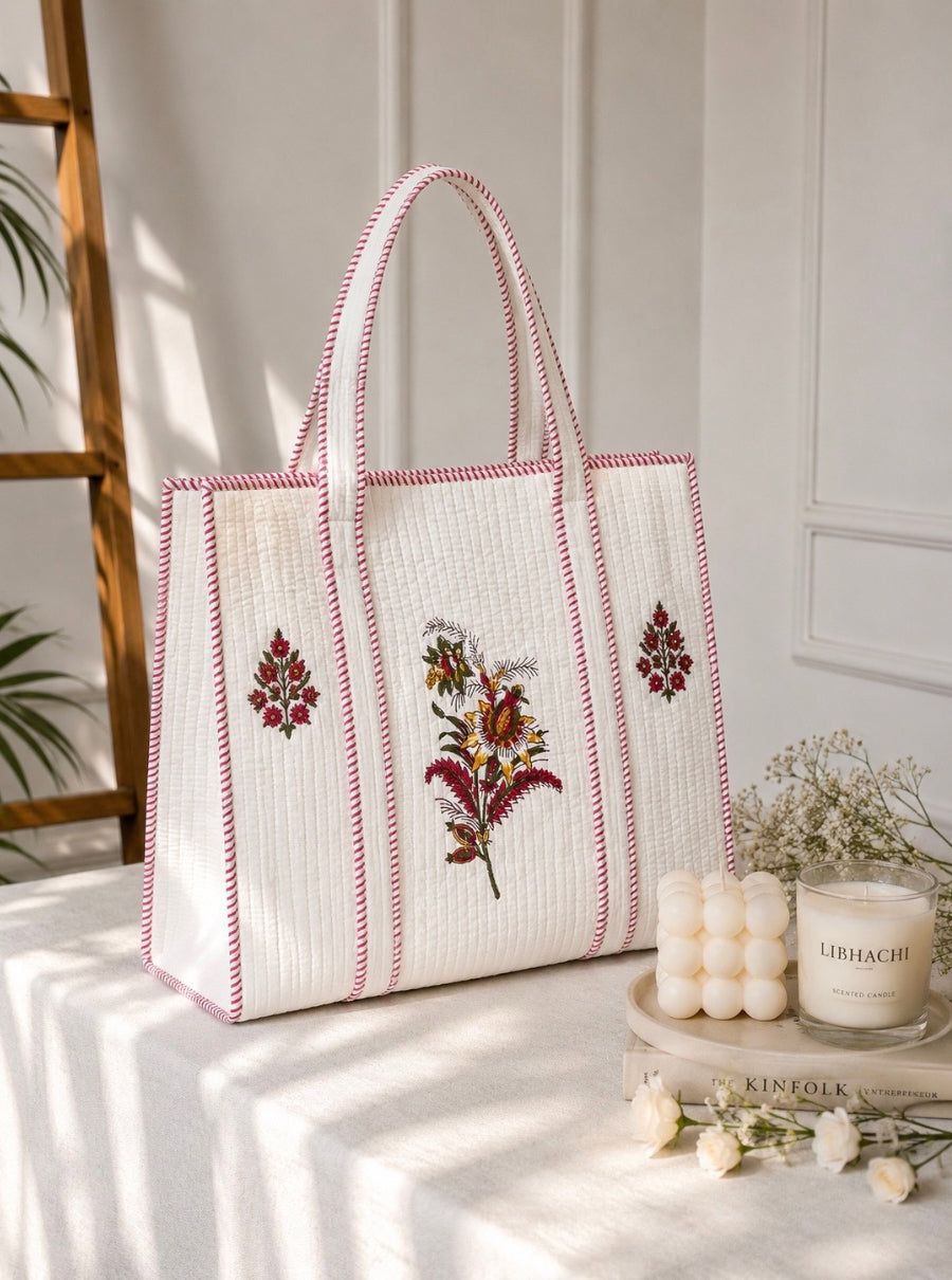 Gulabi Mahal Hand-Block Quilted Tote