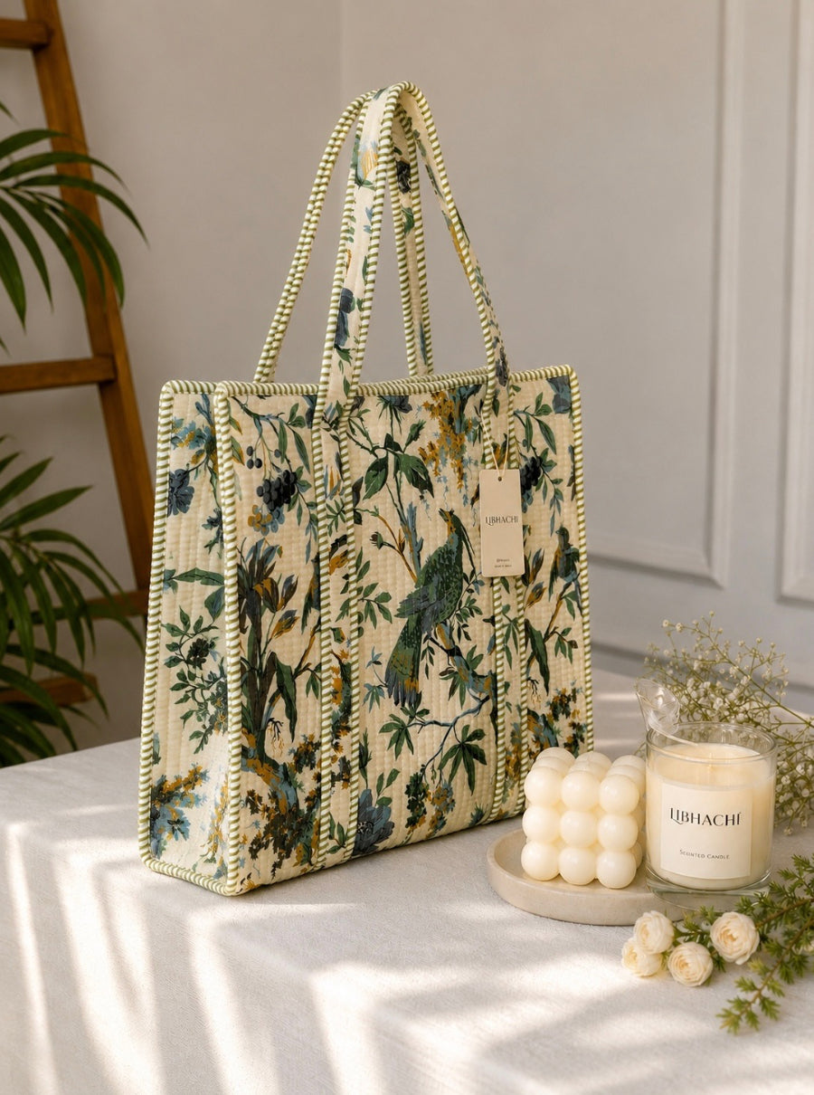 Birdsong Garden Handblock Quilted Tote Bag